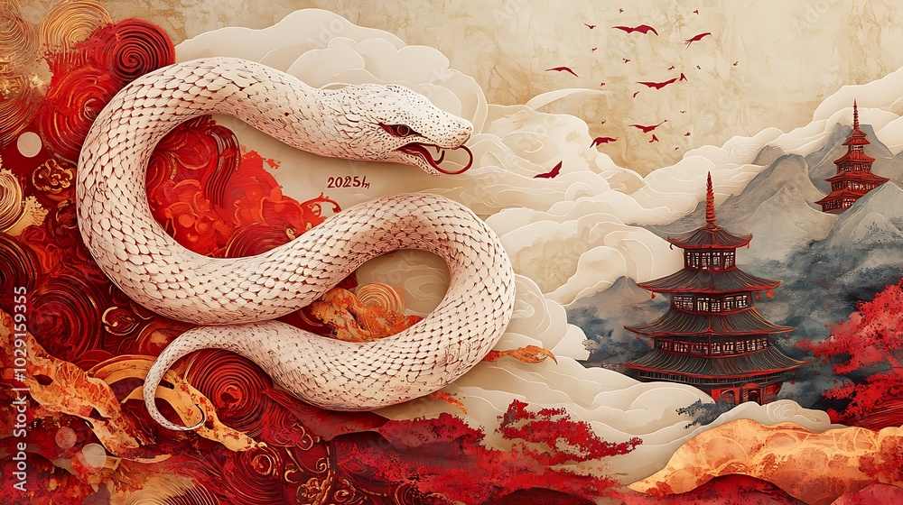 Fototapeta premium A detailed paper-cut snake wrapping around 