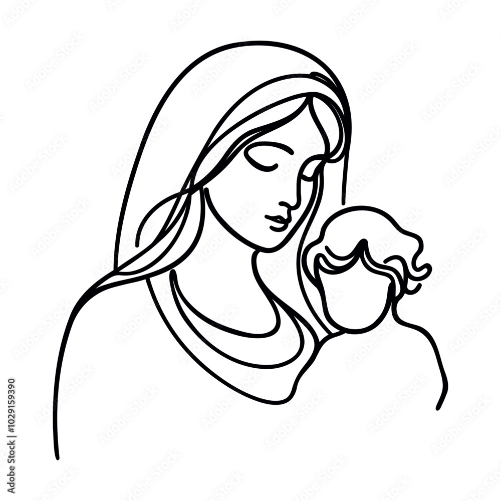 Continuous one line Marry and baby Jesus. Minimal style. Conceptual Christmas story Continuous one line Marry and baby Jesus. Minimal style. Conceptual Christmas story