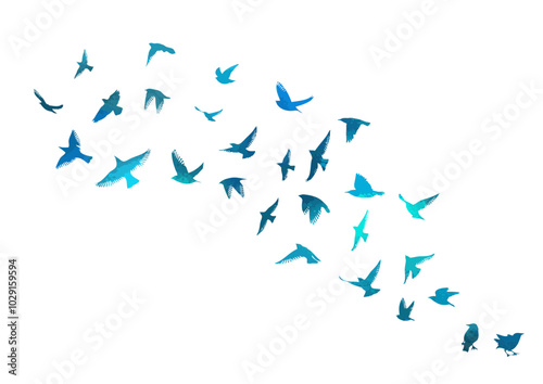 blue birds. A flock of flying blue birds. hand drawing. Not AI. Vector illustration.