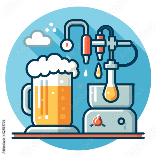 Cartoon beer brewing process with equipment and pint illustrations