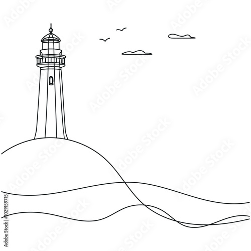 Continuous simple line drawing of lighthouse icon isolated on white background