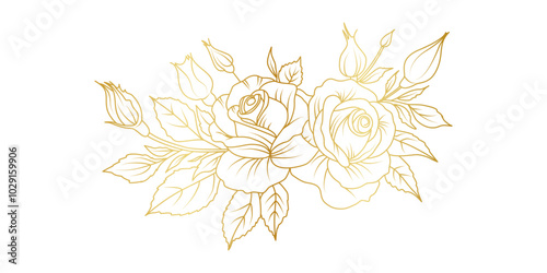 Golden rose flowers line art isolated on white background. Luxury roses floral design elements for invitation, wedding, wallpaper, print template, vector illustration
