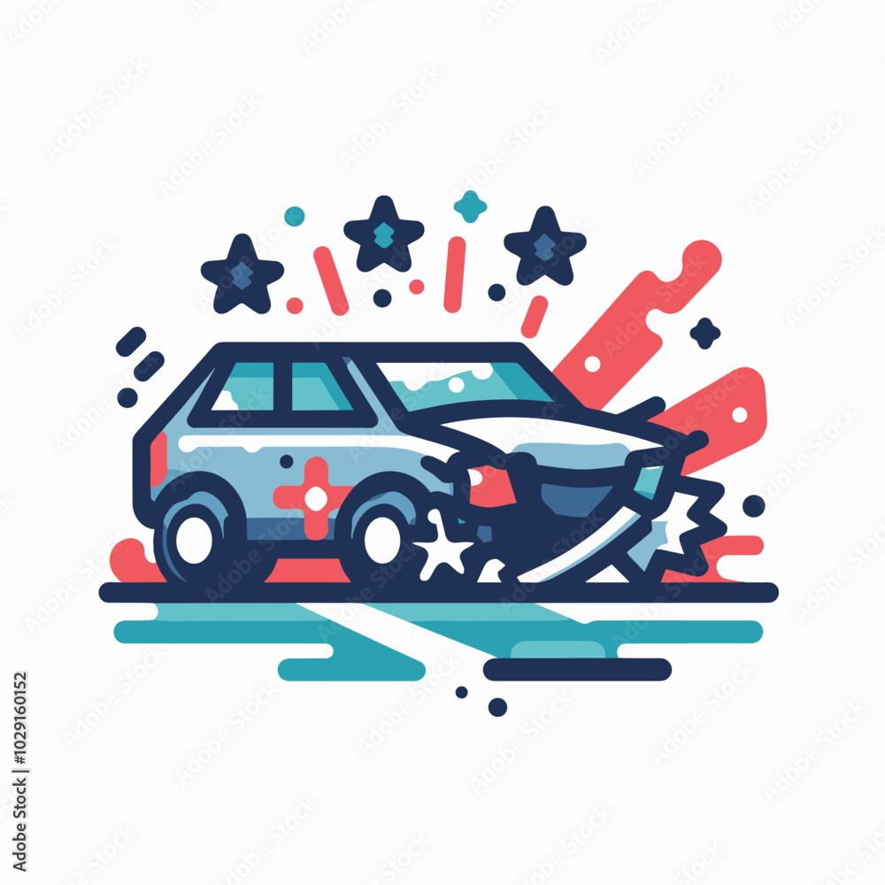 Naklejka premium Colorful cartoon car accident illustration with stars and motion effects