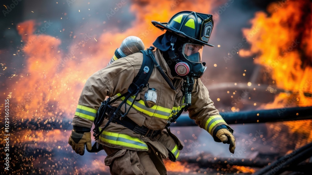 Firefighter in action battling flames in dramatic scene. Firefighter in action battling flames in dramatic scene.