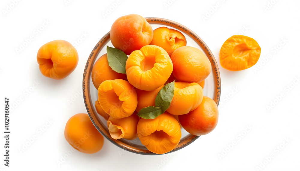 Bowl of dried apricots isolated on transparent background, top view isolated with white highlights, png Bowl of dried apricots isolated on transparent background, top view isolated with white highlights, png