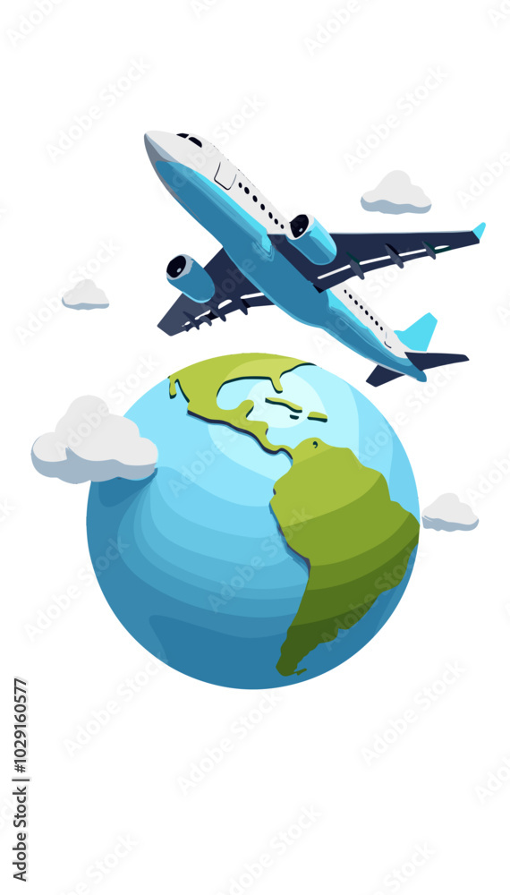 Airplane flying over a colorful globe with clouds in a travel concept design