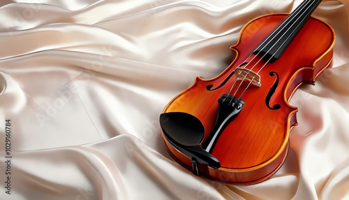 valuable violin on a white satin fabric, background for violin concert, music, hobby