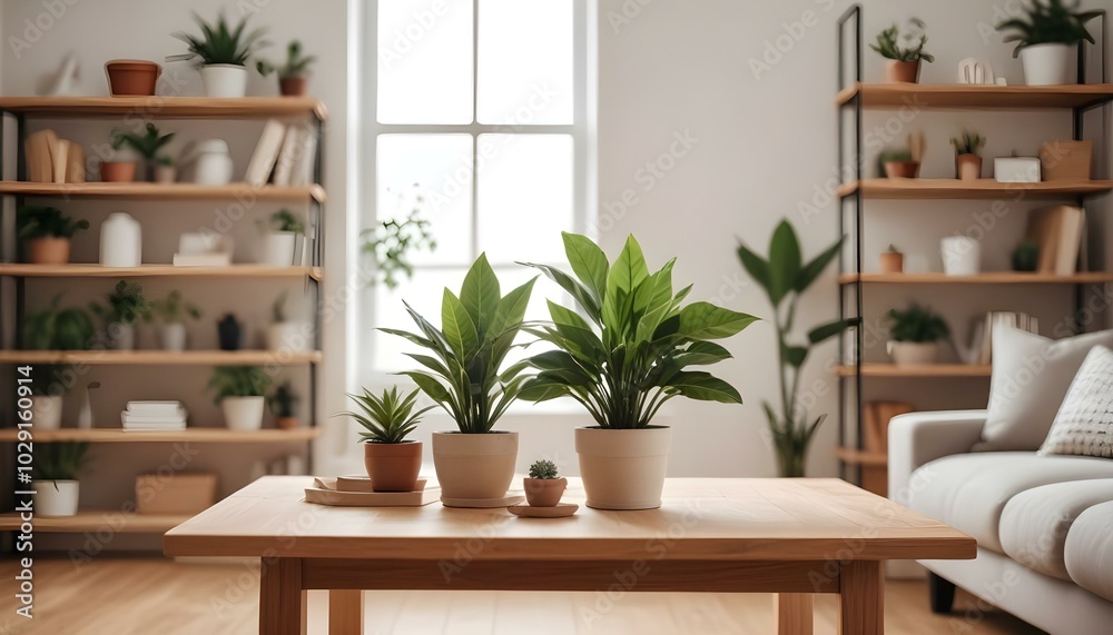 Fototapeta premium A wooden table in a cozy living room with a potted plant, a vase, and a blurred background of shelves and decor 