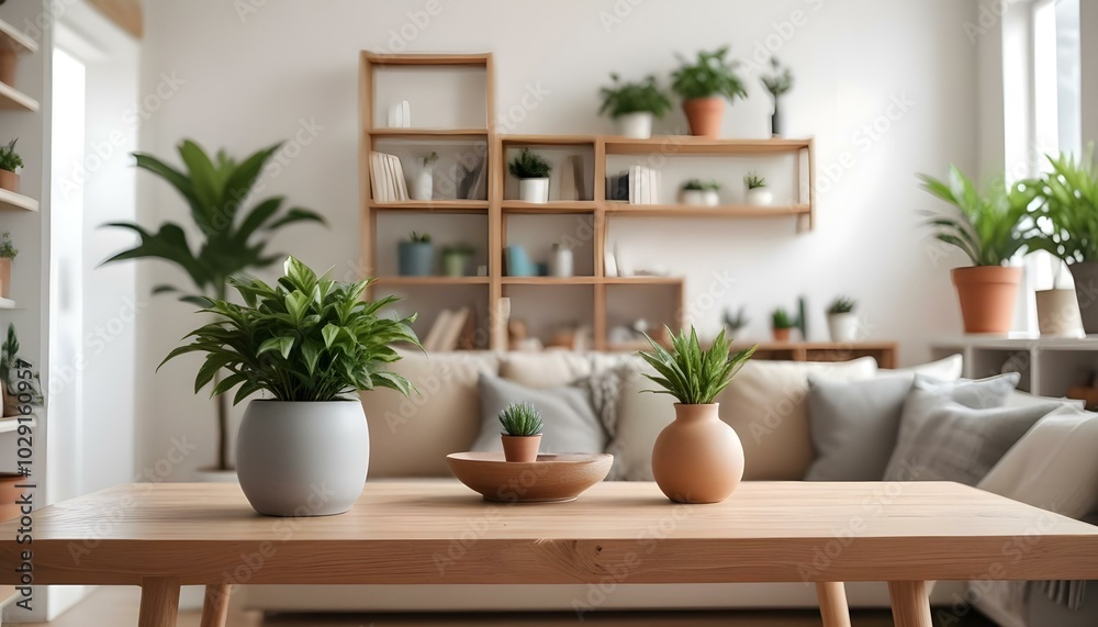 A wooden table in a cozy living room with a potted plant, a vase, and a blurred background of shelves and decor A wooden table in a cozy living room with a potted plant, a vase, and a blurred background of shelves and decor