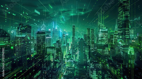 Digital hologram of green city with skyscrapers, neons and tablet. Virtual reality and metaverse. Smart eco modern city, digital data