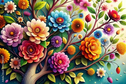 Elegant colorful 3d flower tree