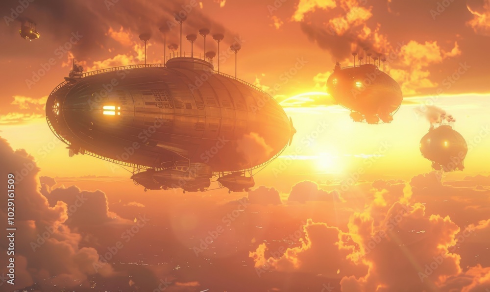 Retro-futuristic dirigibles bustling with steam-powered engines, navigating a sunset-filled sky, 4K hyperrealistic photo Retro-futuristic dirigibles bustling with steam-powered engines, navigating a sunset-filled sky, 4K hyperrealistic photo