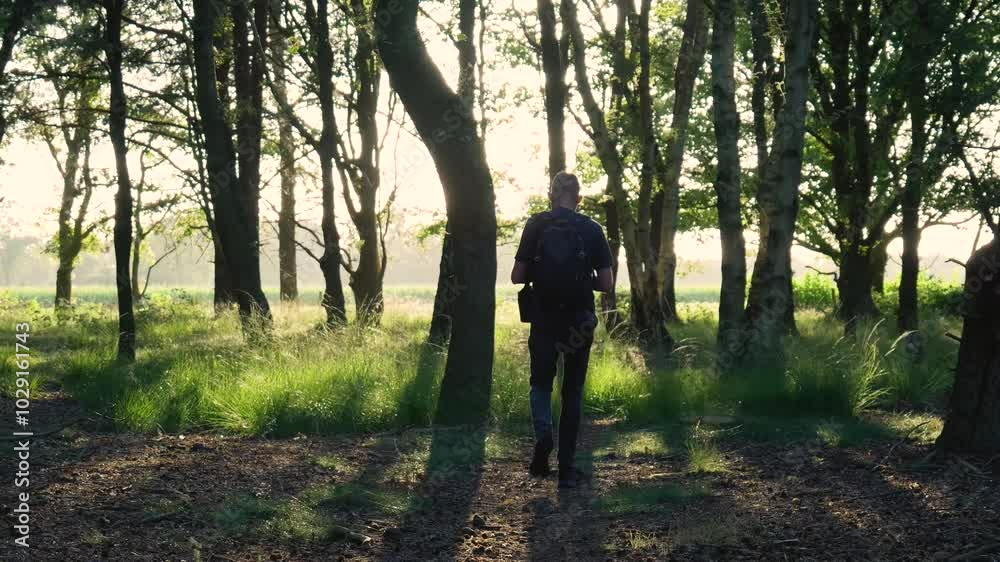 Man hiking deeper into a sunlit forest filled with vibrant greenery Man hiking deeper into a sunlit forest filled with vibrant greenery