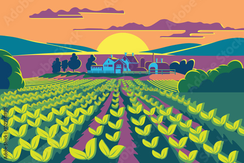 Field with plants, rural farm, agricultural landscape