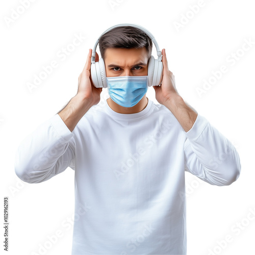 The boy wears headphones and a mask