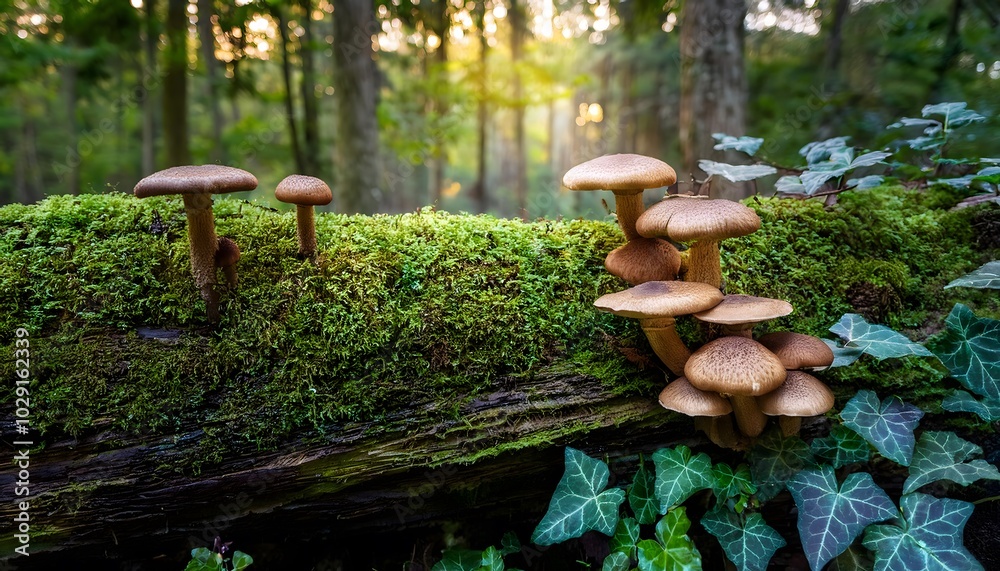 Fototapeta premium Shiitake Mushrooms on a Tree Trunk