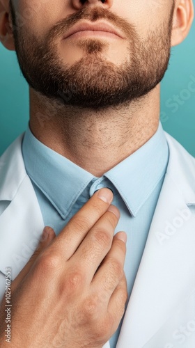 Closeup of Man s Hand Adjusting Shirt Collar  White Coat photo