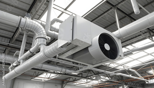 Industrial ventilation system. Pipes for room conditioning. Ventilation under ceiling of building. Air handling unit. Ventilation in warehouse. Air handling unit under hangar roof. 3d image isolated