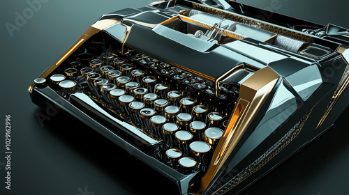 A stylized typewriter with sharp angles and metallic finishes, representing a writing app, art deco