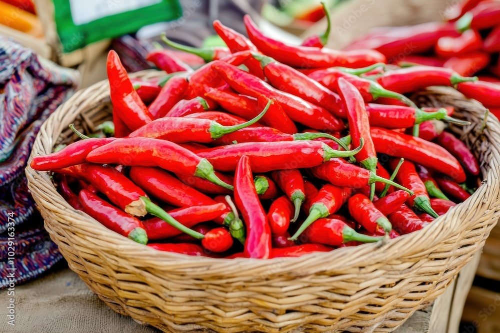 A basket filled with vibrant red chili peppers, showcasing their freshness at a market. A basket filled with vibrant red chili peppers, showcasing their freshness at a market.