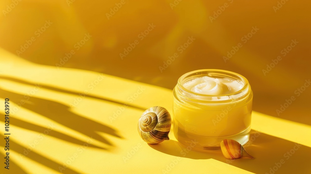 Face cream and natural cosmetics with snail mucin in glass jar on yellow background. Beauty products with snail essence Face cream and natural cosmetics with snail mucin in glass jar on yellow background. Beauty products with snail essence