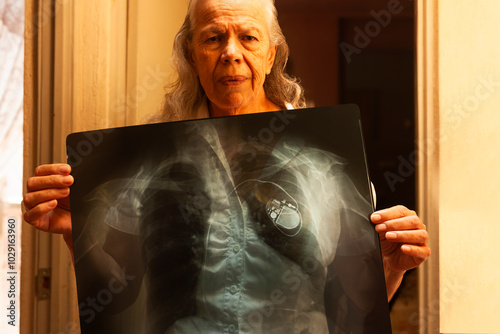  X-ray showing modern pacemaker implant bY Elderly woman in order  to treat and improve your heart lifestyle