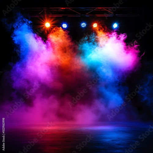 A vibrant light show in a dark atmosphere at night with colorful smoke effects, Generative Ai