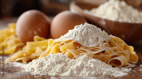 Healthy home chef making fresh homemade pasta with wholegrain flour, emphasizing nutrition and wholesome ingredients.