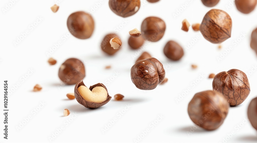 Obraz premium Falling macadamia nuts isolated on white background