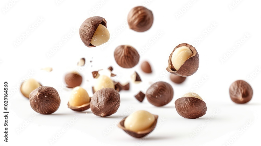 Falling macadamia nuts isolated on white background Falling macadamia nuts isolated on white background