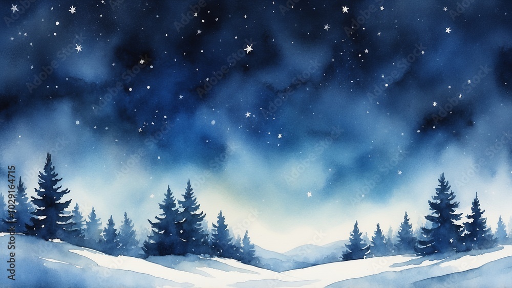 Starry Winter Night Sky over Snowy Pine Trees, Watercolor Landscape