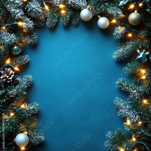 Elegant Christmas Background with Fir Branches, Baubles, and Twinkling Lights: Perfect for Holiday Greeting Cards and Festive Wishes