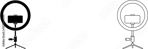 Ring lamp with a telephone on a stand for video shooting. Influencer vector icon.