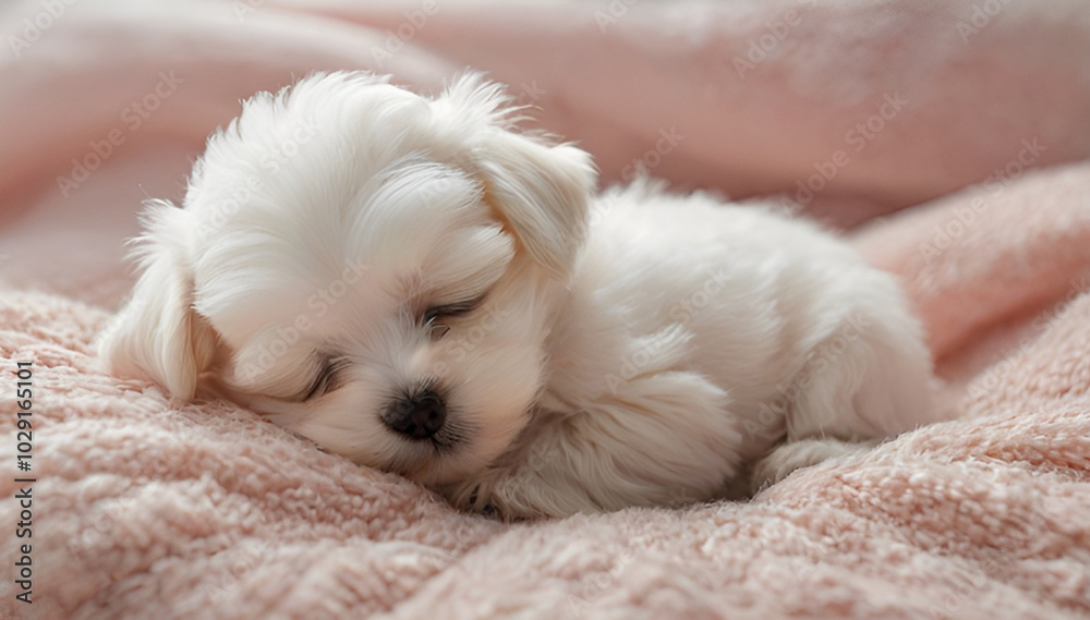 Sleeping baby Maltese on soft pink blanket Sleeping baby Maltese on soft pink blanket