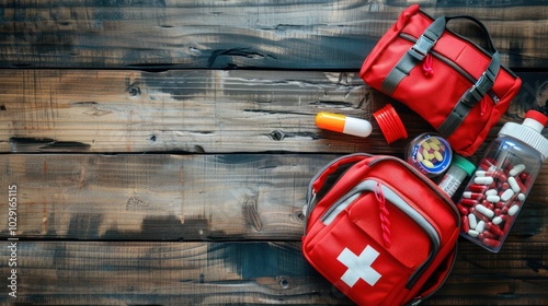 First aid kit and medical emergency equipment on wooden flat lay background, top view. Red first aid backpack, work safety photo