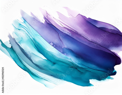 Abstract background. Watercolor splash painted manually blue, pink, lilac tones.Splash waves watercolor. White background and drop. Place for text. Abstract watercolor background painted manually.  photo