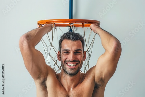 Man with basketball hoop, white background, sports equipment