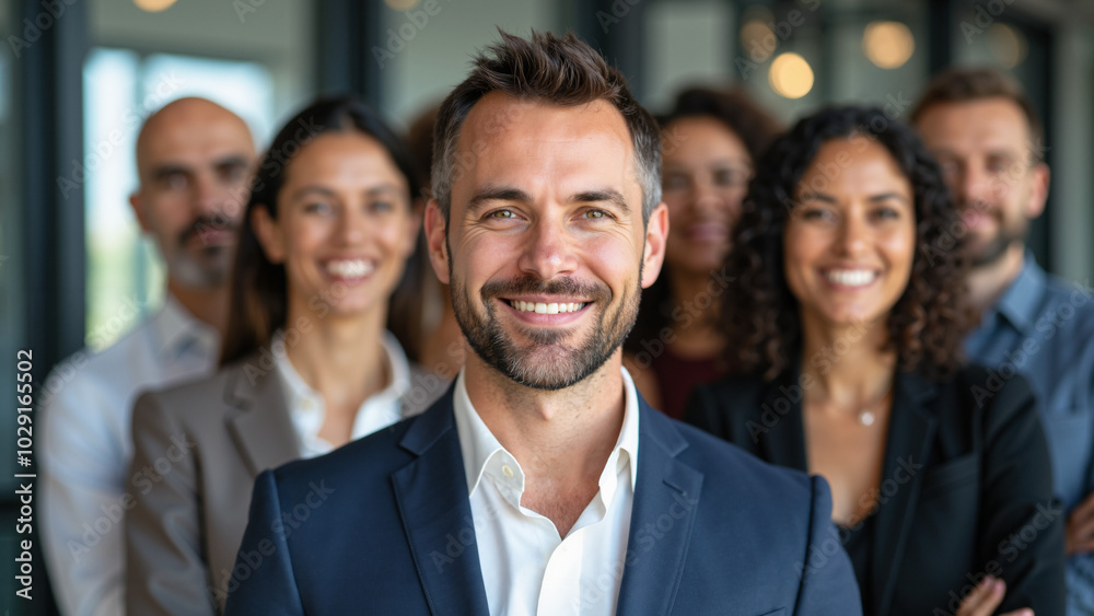 Diverse Business Team Led by Middle-Aged Male Executive: Leadership and Inclusion in Corporate Setting Diverse Business Team Led by Middle-Aged Male Executive: Leadership and Inclusion in Corporate Setting