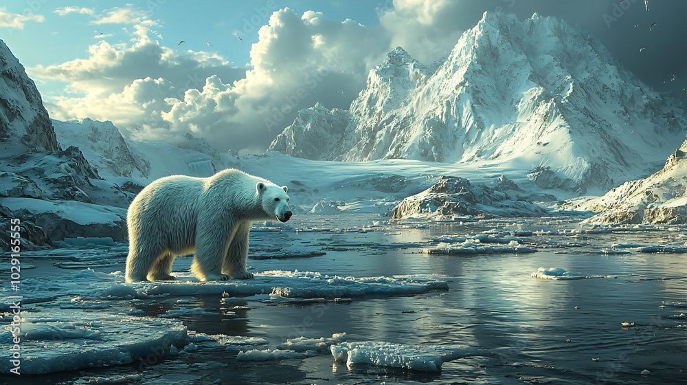 Arctic Wildlife Polar Bear Standing on Ice Floe Amid Melting Ice and Environmental Crisis Arctic Wildlife Polar Bear Standing on Ice Floe Amid Melting Ice and Environmental Crisis
