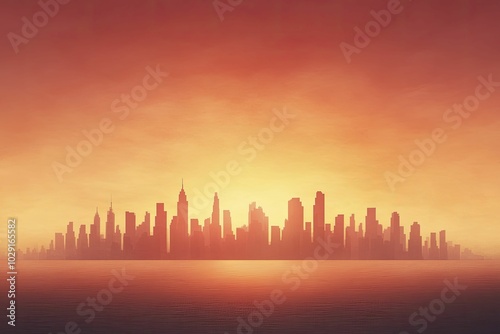 A city skyline dimly lit under a red sky, financial crisis theme, dramatic shadows