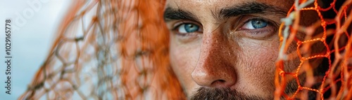 Man with fishing net, white background, angling gear photo