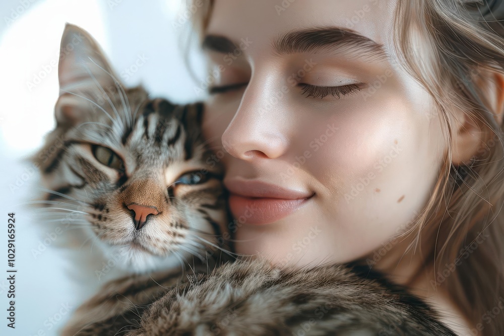 Woman with cat, white background, pet affection