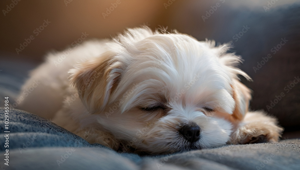Sleeping young Maltese resting on soft cushion Sleeping young Maltese resting on soft cushion