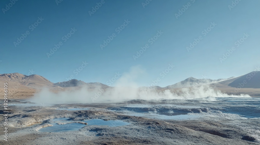 Obraz premium A wide shot of a geyser field with steam rising from the ground in a desert landscape under a clear blue sky.