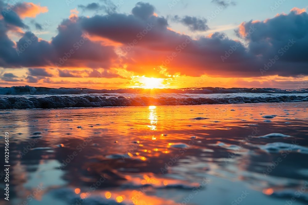 Fiery sunset reflecting on wet sand beach with waves crashing Fiery sunset reflecting on wet sand beach with waves crashing