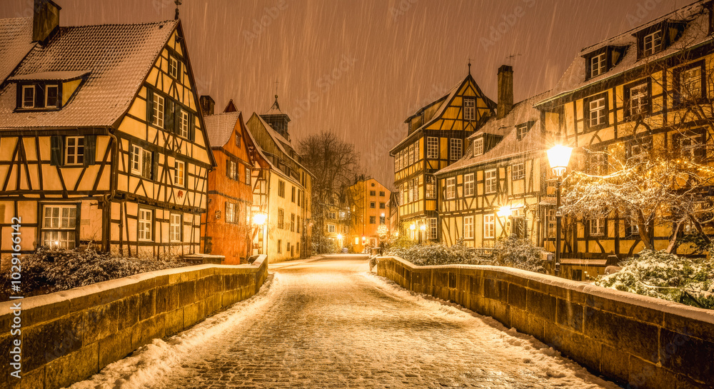 Obraz premium Charming winter evening on a snow-covered historic european street