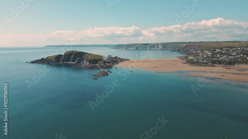 Aerial view of beach and river estuary in Bigbury, Devon, UK