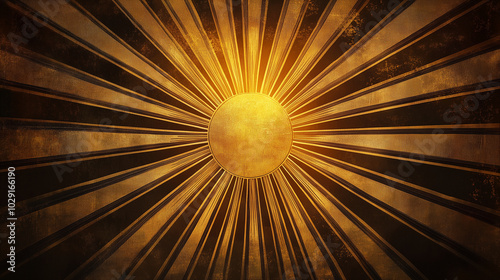 A radiant sun with symmetrical, Art Deco-style rays, symbolizing sunlight or energy, art deco