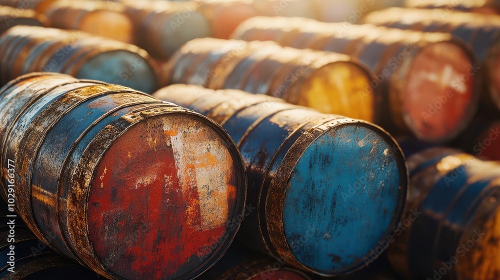 Fototapeta premium A pile of rusted oil barrels stacked high in an industrial setting