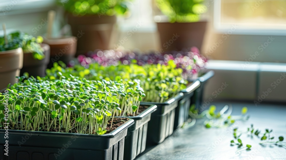 Fresh microgreens growing in containers at home. Organic gardening of sprouts and microgreens from seeds, close up